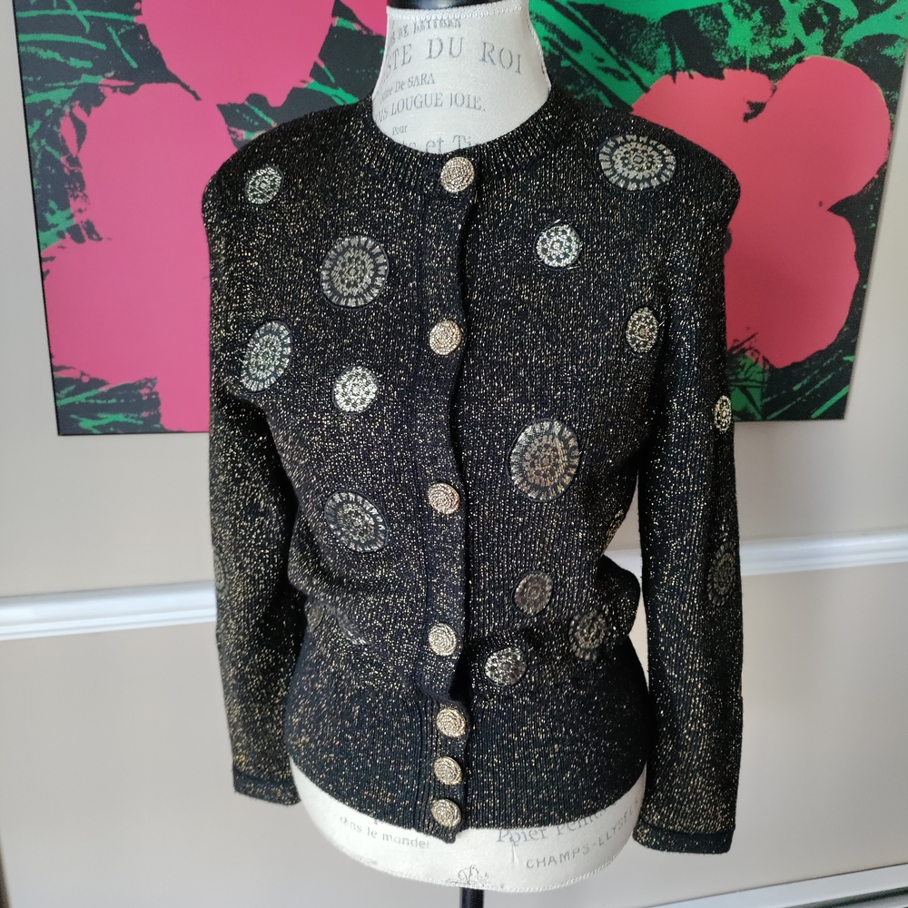 Umi Collections By Anne Crimmins Vintage Black and Gold Cardigan Size S